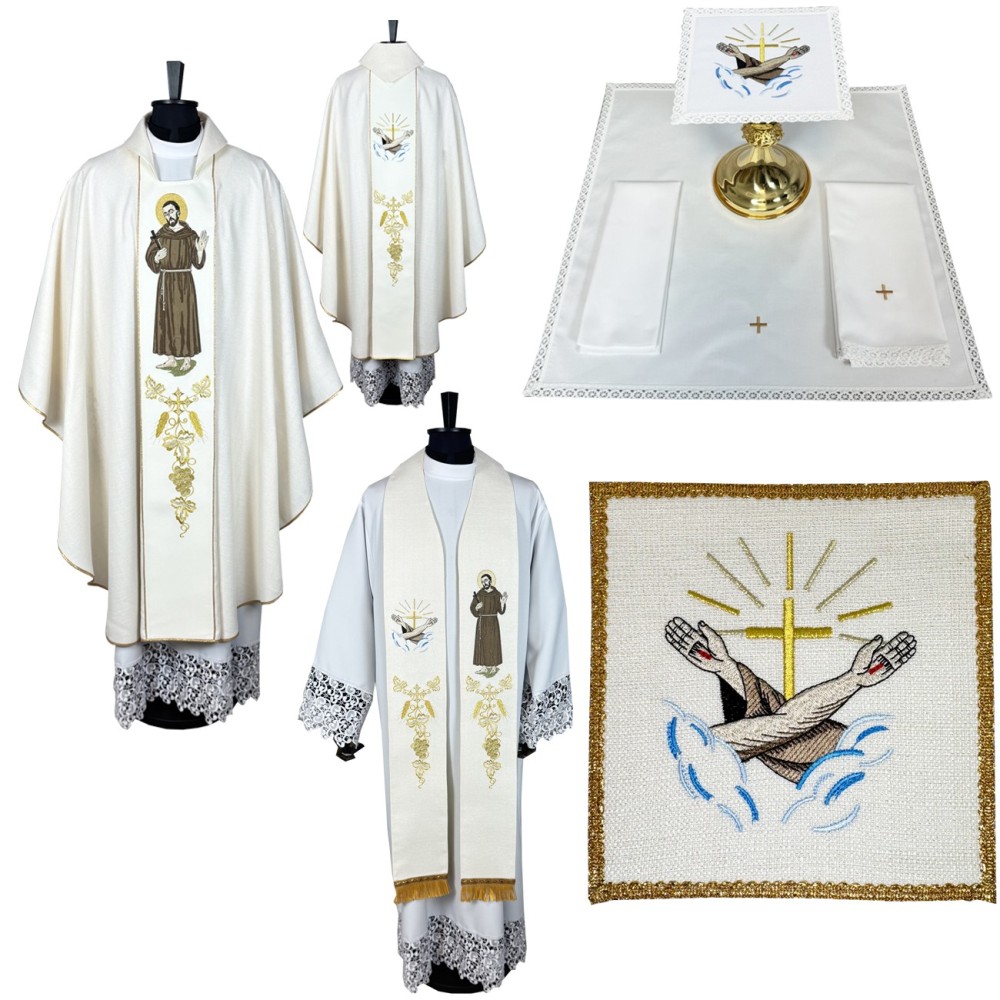 Komplet ornat haftowany, stuła, bielizna kielichowa, palka - Święty Franciszek - zdjęcie produktu