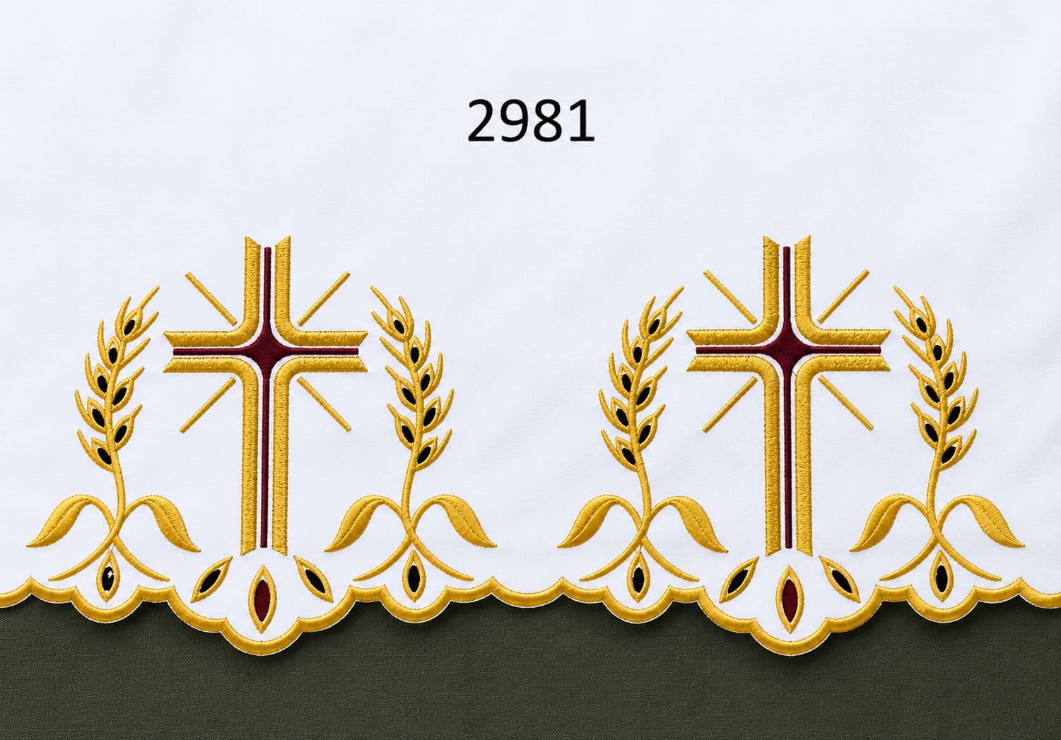 Obrus kościelny haftowany – Krzyż złoty(środek bordo) i kłosy