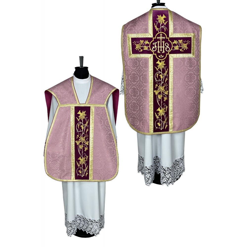 Ornat rzymski IHS - różowy, żakard (39)